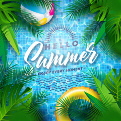 Fototapeta na wymiar Hello Summer Illustration with Swimbelt and Beach Ball on Water in the Tiled Pool Background. Vector Summer Holiday Design with Exotic Palm Leaves for Banner, Flyer, Invitation, Brochure, Poster or