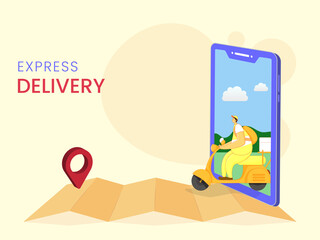 Express Delivery Boy Riding Scooter With Location Tracking By Smartphone On Pastel Yellow Background.