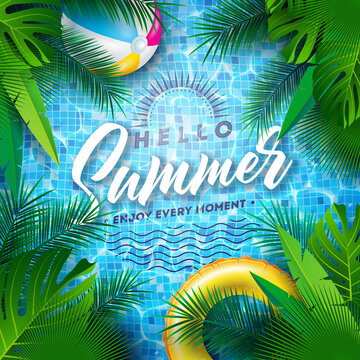 Hello Summer Illustration with Swimbelt and Beach Ball on Water in the Tiled Pool Background. Vector Summer Holiday Design with Exotic Palm Leaves for Banner, Flyer, Invitation, Brochure, Poster or
