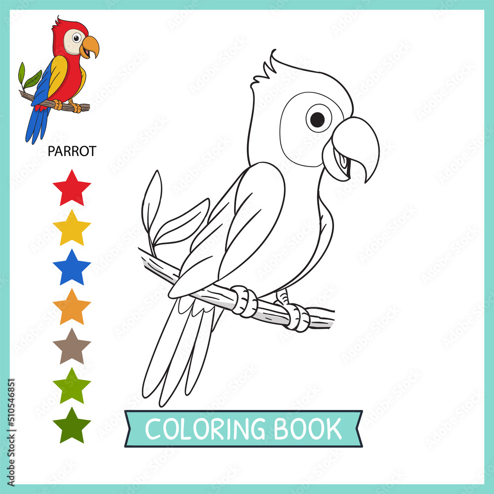 Wall mural coloring pages or books for kids. cute parrot cartoon illustration