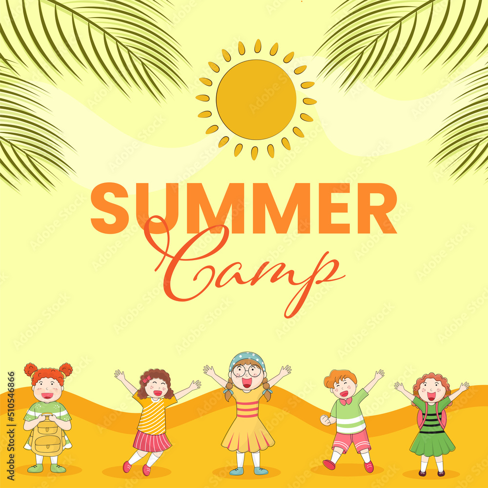 Canvas Prints Summer Camp Lettering With Sun, Cheerful Kids Enjoying Against Yellow Background.