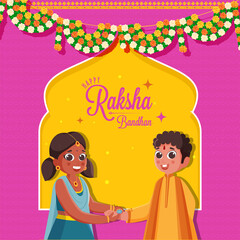 Obraz na płótnie Canvas Happy Raksha Bandhan Celebration Concept With Sister Tying Rakhi (Wristband) To Her Brother On Yellow And Pink Background.