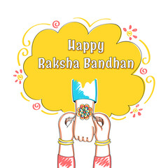 Happy Raksha Bandhan Celebration Concept With Close View Of Sister Tying Rakhi (Wristband) To Her Brother On Yellow And White Background.