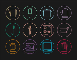 Set line Kettle with handle, Mortar pestle, Cooking pot, Barbecue fork, Kitchen ladle, Measuring cup, Gas stove and Meat chopper icon. Vector