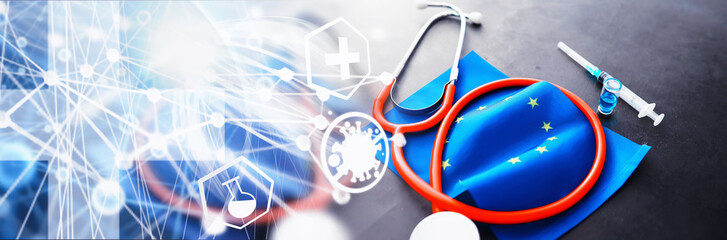 Abstract medical theme background. Health care concept. EU flag and stethoscope on a gray...
