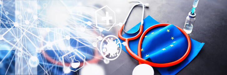 Abstract medical theme background. Health care concept. EU flag and stethoscope on a gray background. - obrazy, fototapety, plakaty