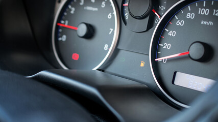 Gas gauge fuel empty. Petrol tank meter car indicator on dashboard. Low gasoline level. Fuel gauge gas.