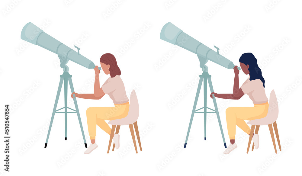 Poster astronomists with powerful telescopes semi flat color vector characters set. editable figures. full 
