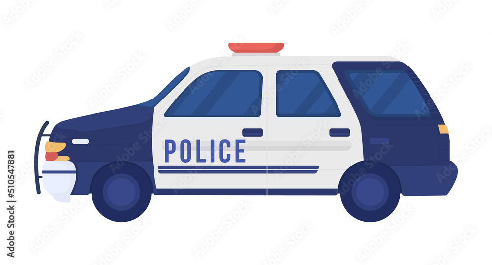Poster police car semi flat color vector object. editable figure. full sized item on white. urban security 