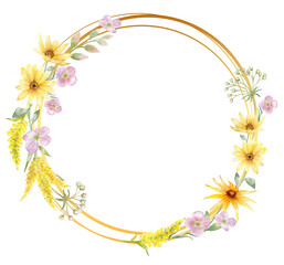 Wildflowers wreath, frame, ring. Yellow wild flowers. watercolor illustration
