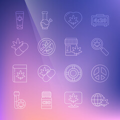 Set line Legalize marijuana globe, Peace, Magnifying glass and, Marijuana leaf heart, Stop or cannabis, Medical pills with, cream and bottle icon. Vector