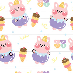 Obraz na płótnie Canvas Repeat.Seamless pattern of cute rabbit in ice cream costume with love text on white background.Funny animal character design.Baby graphic.Image for card,poster,party.Kawaii.Vector.Illustration.