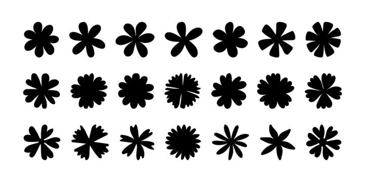 Set of simple black flowers. Vector isolated floral decorative elements on white background. Flowers silhouette for decoration, for cards, postcards, invitations and collages for different holidays.