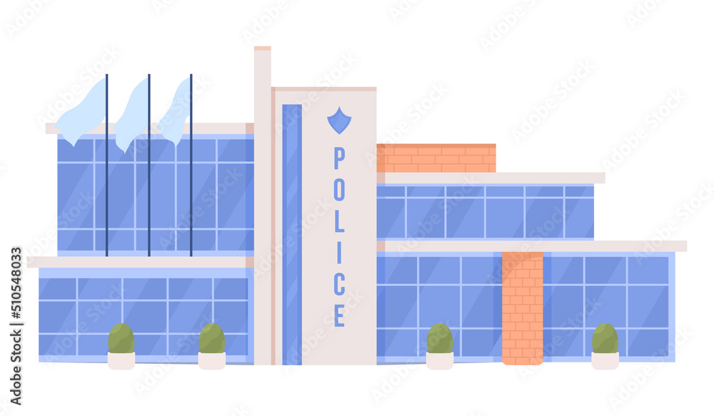 Poster police office building semi flat color vector object. editable figure. full sized item on white. jus