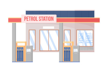 Petrol station semi flat color vector object. Editable figure. Full sized item on white. Gasoline simple cartoon style illustration for web graphic design and animation. Bebas Neue font used