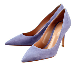 Beautiful pair of classic closed women's high-heeled shoes made of lilac suede, isolated on a white background.