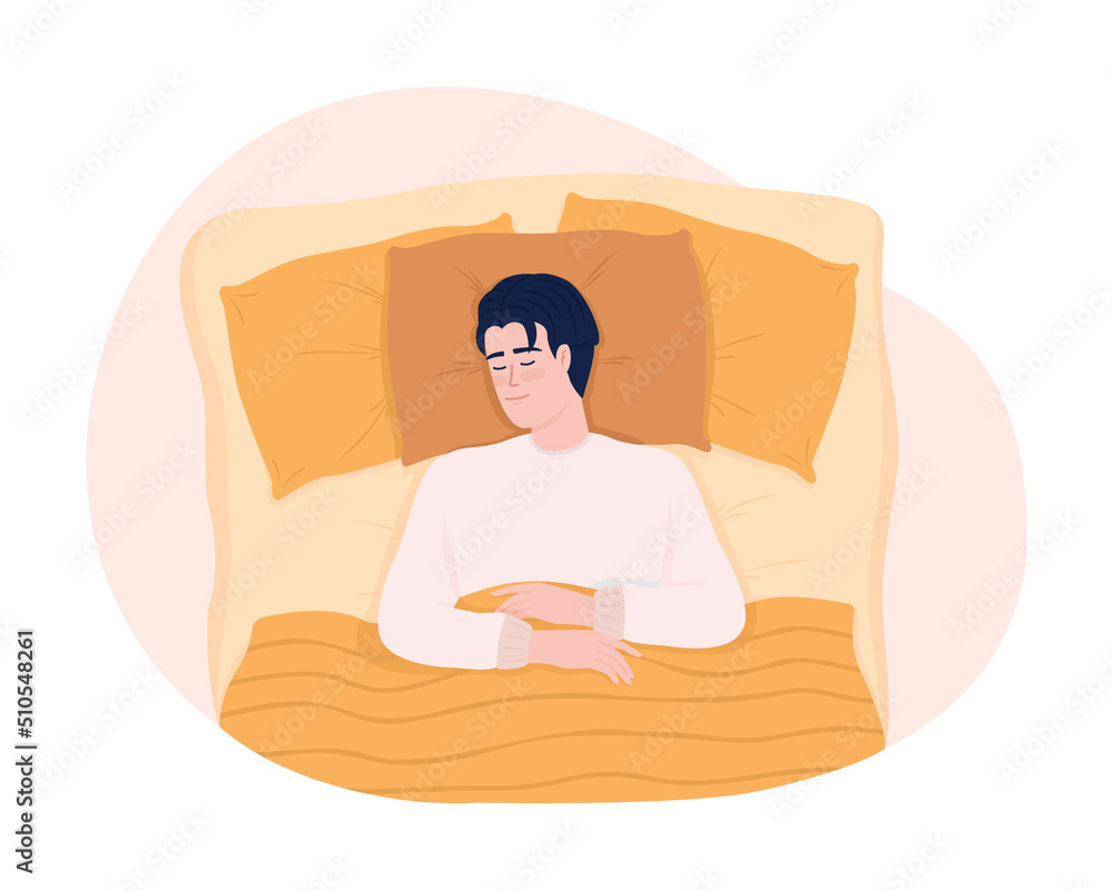 Poster sleep on back in relaxed position 2d vector isolated illustration. man with calm face flat character
