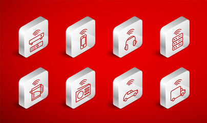 Set line Smart truck, Wireless smartphone, headphones, server, car system with wireless, TV box receiver, radio and electric kettle icon. Vector
