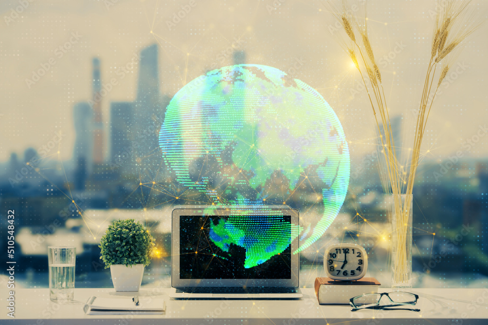 Aufkleber computer on desktop with social network hologram. double exposure. concept of international people c