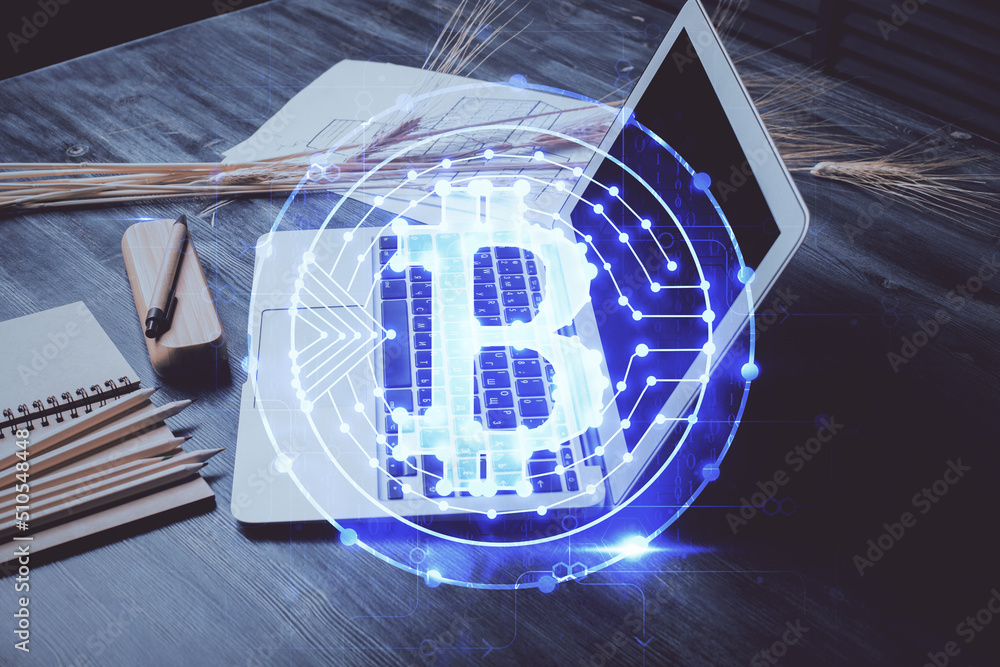 Aufkleber Double exposure of blockchain and crypto economy theme hologram and table with computer background. Concept of bitcoin cryptocurrency.