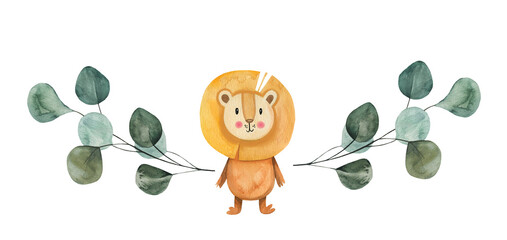 Watercolor cute smiling lion wreath banner with beautiful natural foliage leaves isolated on white background. Decorative birthday party baby shower newborn party invitation.