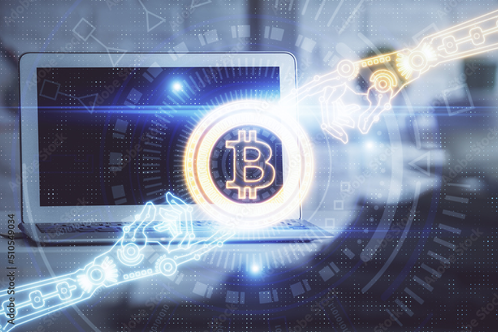 Aufkleber Multi exposure of blockchain and crypto economy theme hologram and table with computer background. Concept of bitcoin cryptocurrency.