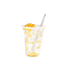 イラスト素材：水彩絵の具で手描きしたレモネード炭酸飲料　飲み物/切り抜き
