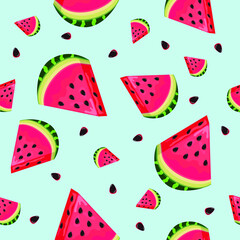 Summer background of high quality watermelon slices and seeds, seamless pattern. 