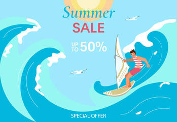 Female surfer on Summer Sale bright colorful banner