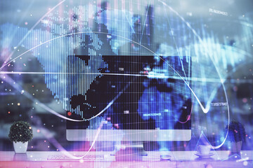 Multi exposure of business theme icons and table with computer background. Concept of success.