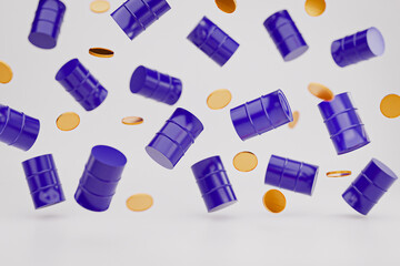 Falling Petrol Oil barrels and gold coin money with shallow depth of field, natural resources stock market concept. 3d rendering