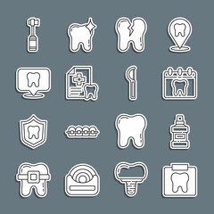 Set line X-ray of tooth, Mouthwash bottle, Calendar with, Broken, Dental card, clinic location, Toothbrush and floss icon. Vector