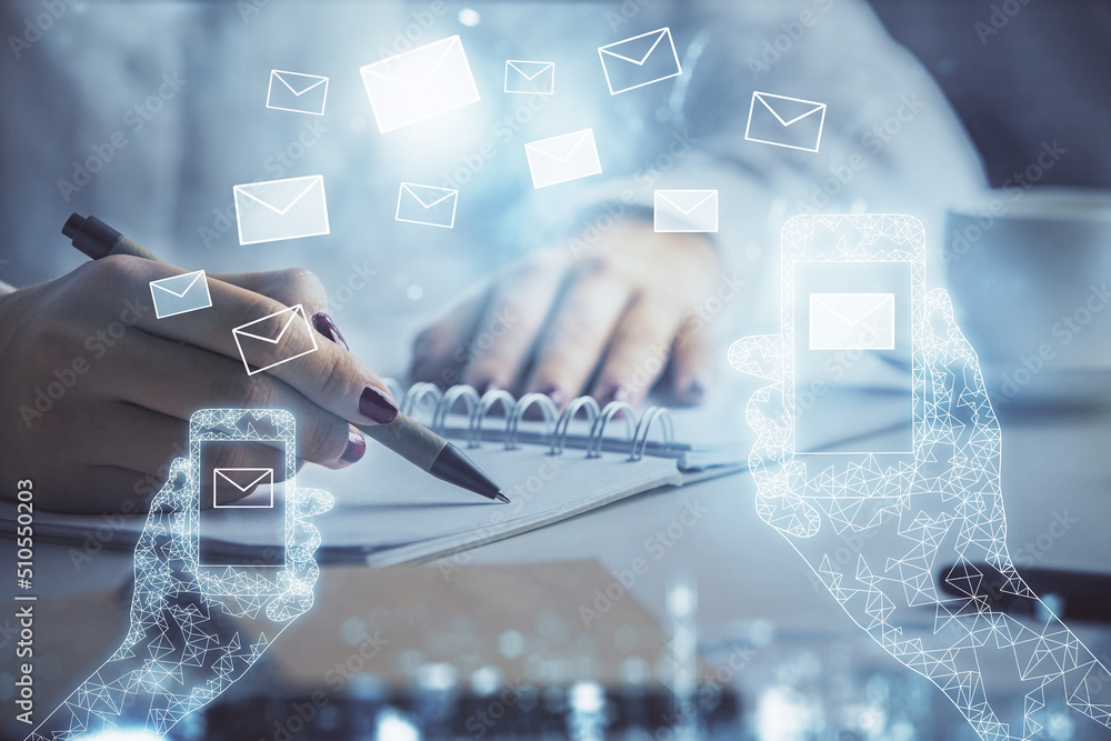 Poster e-mail envelop theme hologram over hands taking notes background. concept of electronic mail. double