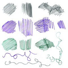 Illustration of Set of Liner Strokes and Stains of Multicolored Marker of Various Sizes and Shapes on White Background.