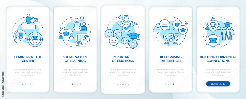 Poster principles and laws of learning blue onboarding mobile app screen. walkthrough 5 steps editable grap