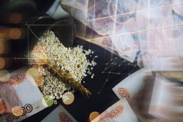 The concept of the cost of grain. 5000 ruble banknotes around a handful of ground grain. World hunger.
