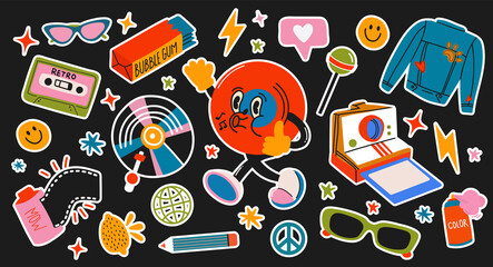 Retro 70s, 80s, 90s hippie stickers, psychedelic acid elements. Retro characters. chewing gum, denim jacket, vintage hippie style vector elements set.