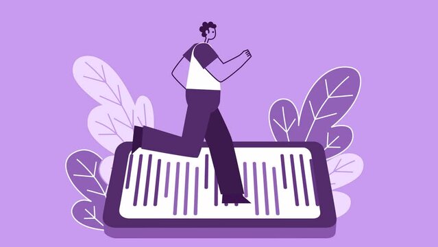 Purple Style Man Flat Character Running on Smartphone. Isolated Loop Animation with Alpha Channel