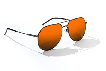 Aviator sunglasses on white background. Fashion sunglass with sunlight for summer concept. Gold...