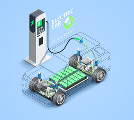 Electric car vehicle components isometric illustration.