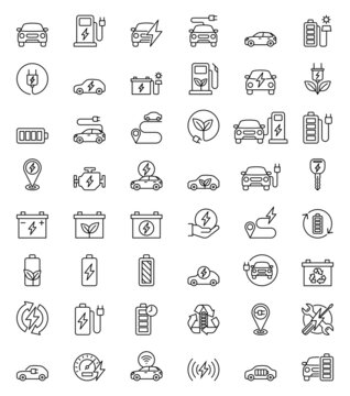 Electric cars hybrid battery line icons.
