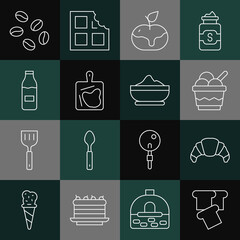 Set line Bread toast, Croissant, Ice cream in bowl, Apple caramel, Cutting board, Bottle with milk, Coffee beans and Flour icon. Vector