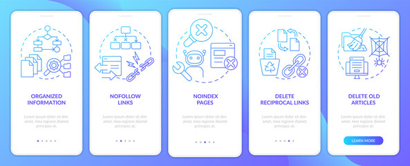 Search engine optimization principles blue gradient onboarding mobile app screen. Walkthrough 5 steps instructions with linear concepts. UI, UX, GUI template. Myriad Pro-Bold, Regular fonts used