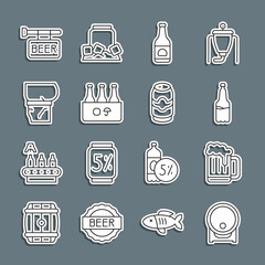 Set line Wooden barrel on rack, beer mug, Plastic bottle, Beer, Pack of bottles, belly, Street signboard with and can icon. Vector