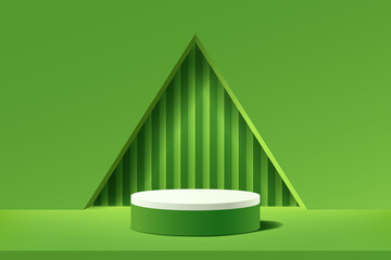 Empty 3d round podium with green abstract geometric shape and triangular hole wall