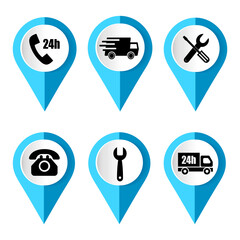 Map marker with icon of a service vector illustration, set of colorful flat design buttons for web design and mobile apps
