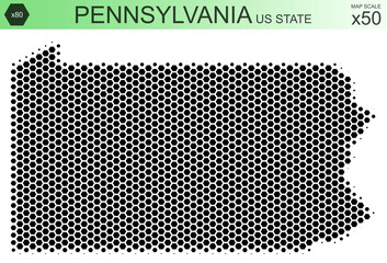 Dotted map of the state of Pennsylvania in the USA, from hexagons, on a scale of 50x50 elements. With smooth edges in black on a white background. With a dotted element size of 80 percent.