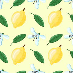 Tropical seamless pattern with yellow lemons and blue flower on the light background. Fruit repeated background. Vector bright print for fabric brands packaging wallpaper.