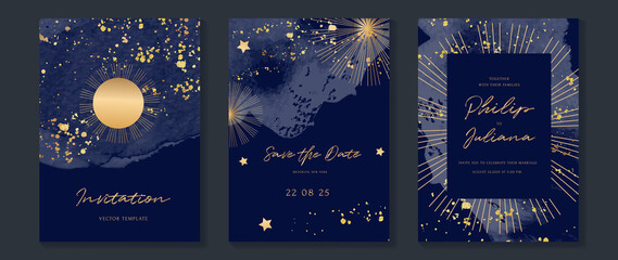 Galaxy themed wedding invitation vector template. Collection of luxury save the date card with watercolor, moon, gold sparkle. Starry night cover design for background, greeting, brochure, flyer. © TWINS DESIGN STUDIO