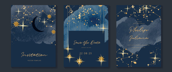 Galaxy themed wedding invitation vector template. Collection of luxury save the date card with watercolor, moon, gold sparkle. Starry night cover design for background, greeting, brochure, flyer. © TWINS DESIGN STUDIO